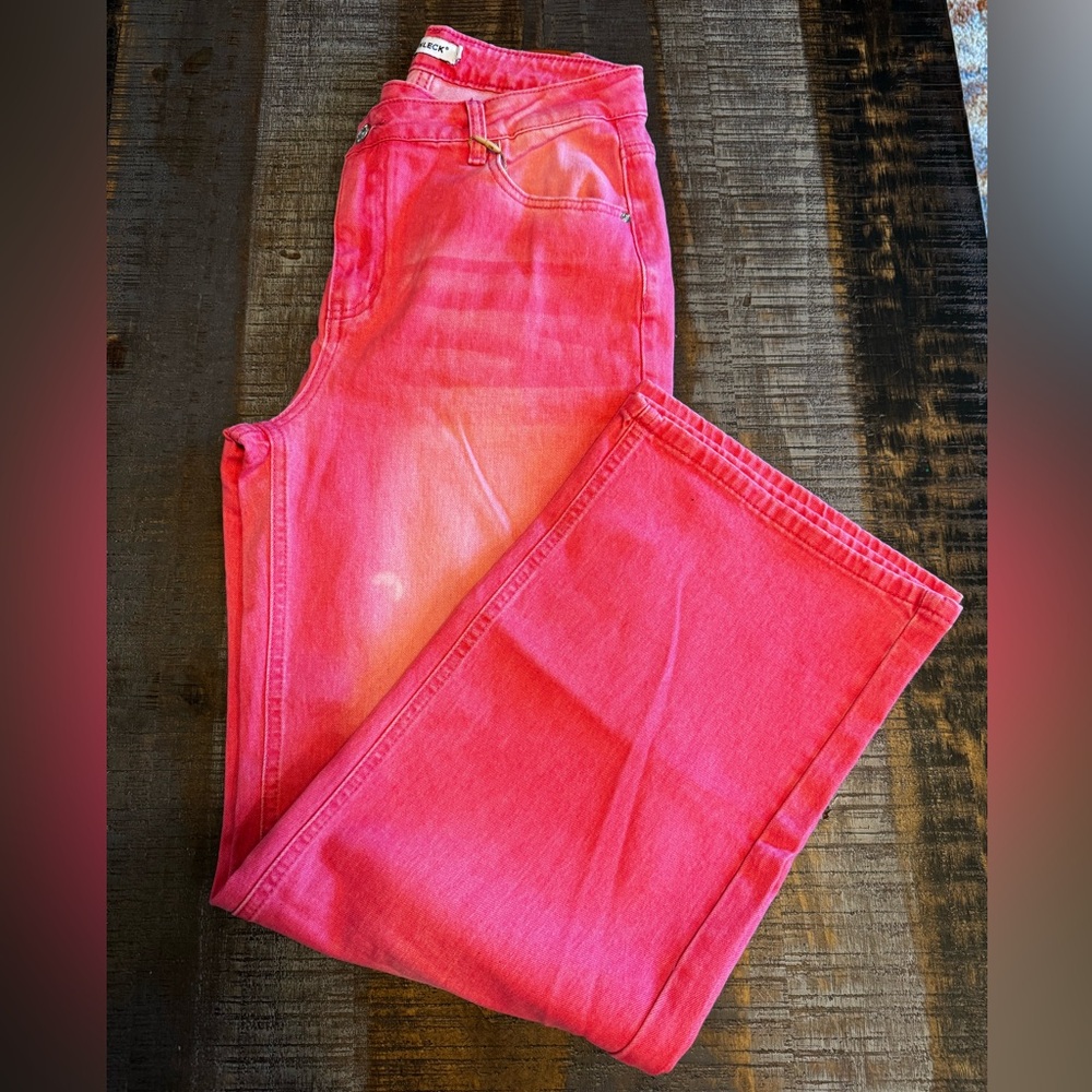 NWT Women's Pink High Waisted Crossover Jeans Wide Leg Stretchable Casual Size 8 - Picture 16 of 16